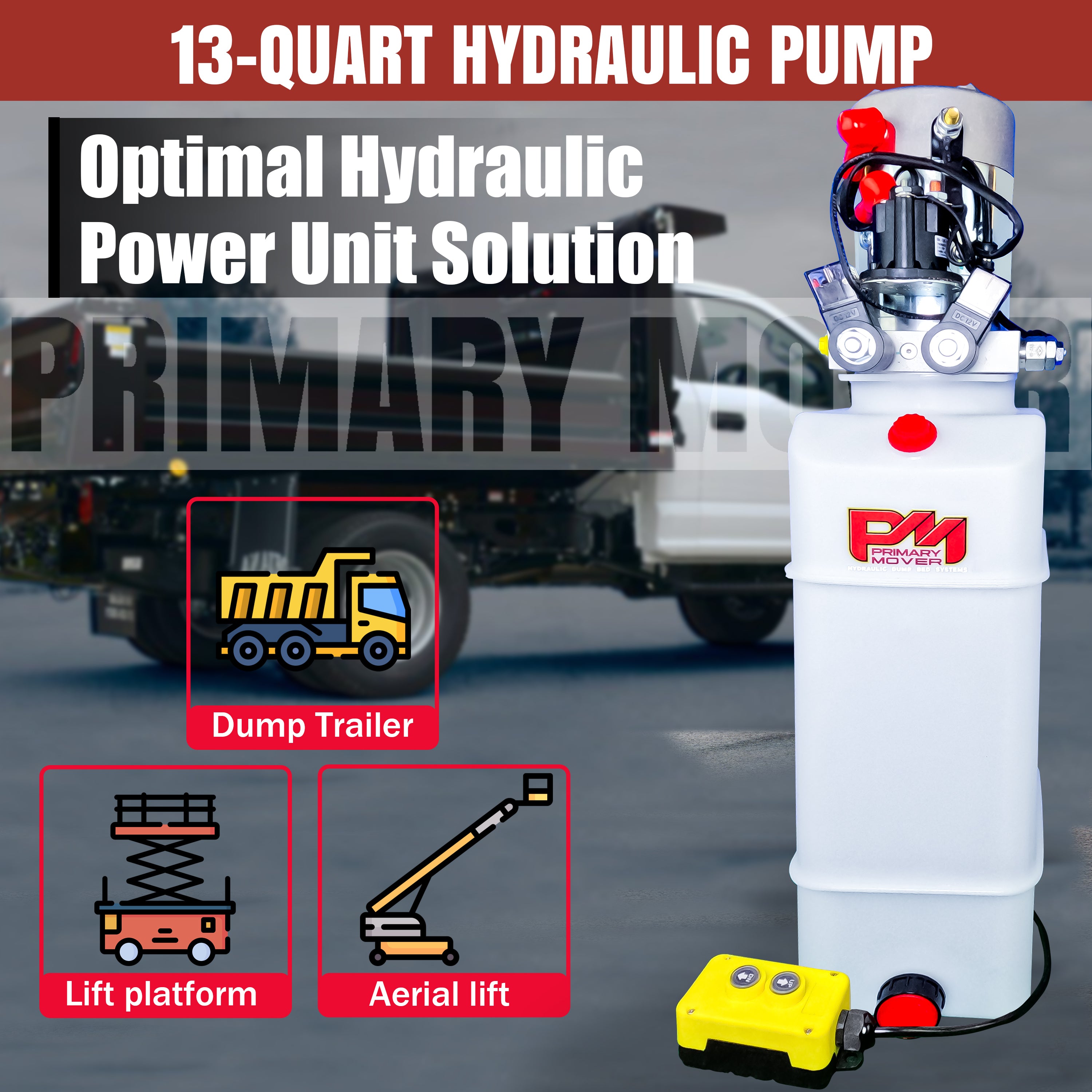 A white cylinder with black wires and a yellow box, showcasing the Primary Mover 12V Double-Acting Hydraulic Pump - Poly Reservoir for efficient hydraulic dump bed systems. Dual-acting precision, tailored for dump bed applications, and quality craftsmanship.