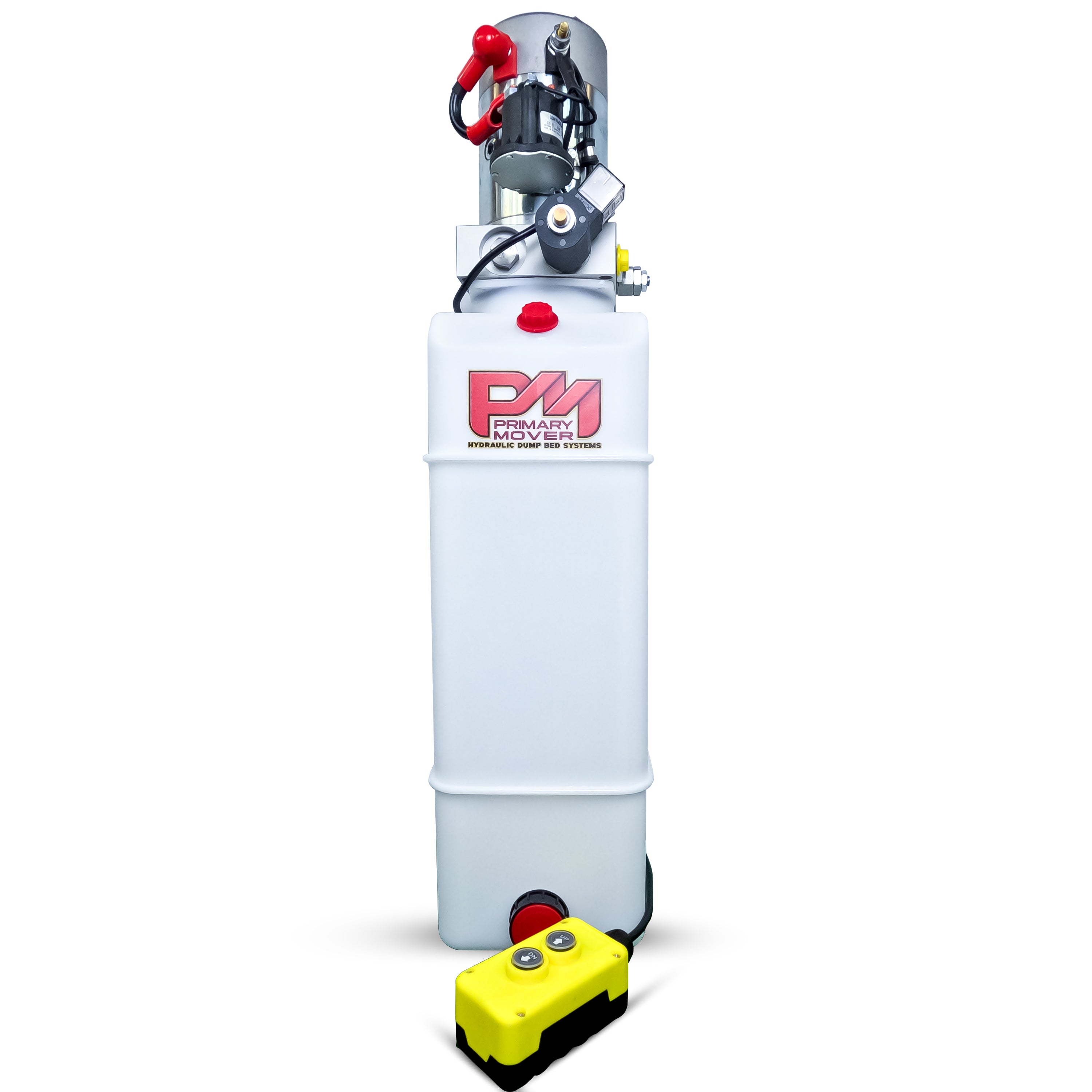 Primary Mover 12V Single-Acting Hydraulic Pump - Poly Reservoir: A white cylinder with yellow switch, black buttons, and pink text, designed for hydraulic dump bed systems.