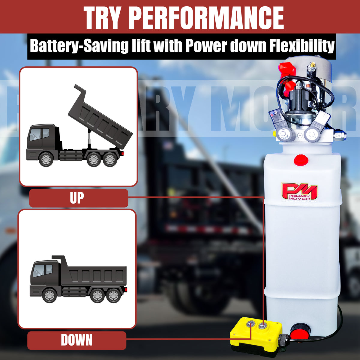 Primary Mover 12V Double-Acting Hydraulic Pump - Poly Reservoir for hydraulic dump bed systems. Dual-acting precision, tailored for efficiency, quality craftsmanship, and value-driven performance.