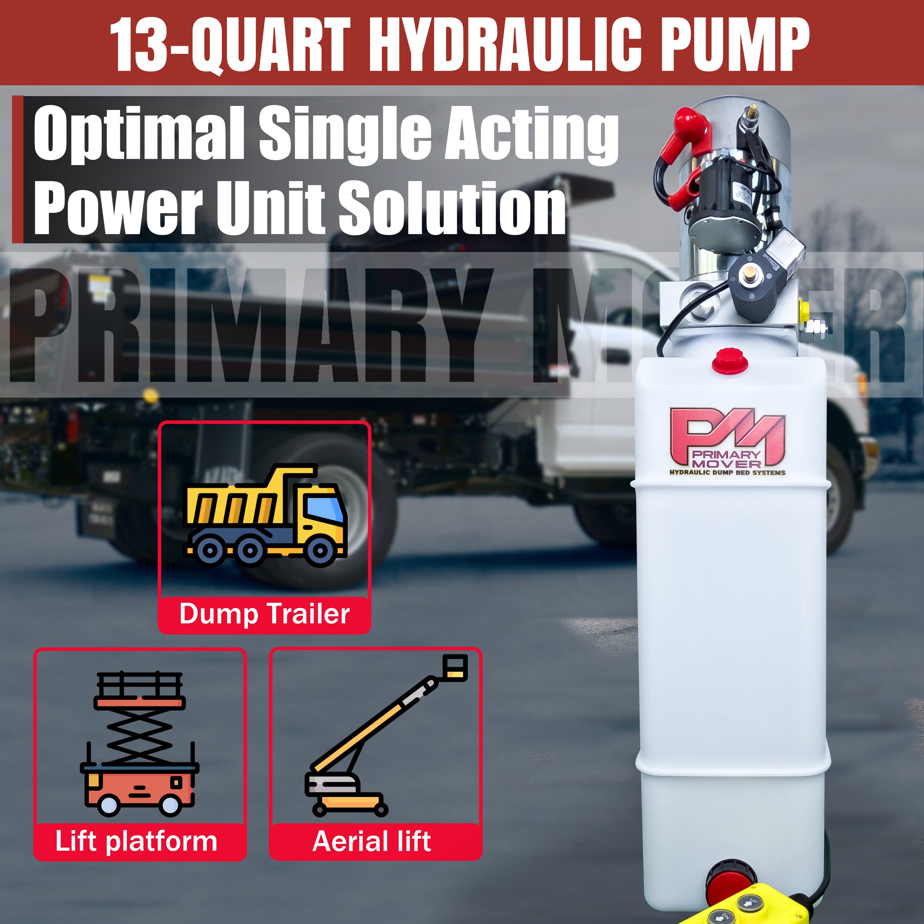 A white cylinder with red buttons and a lift platform with a lift, showcasing the Primary Mover 12V Single-Acting Hydraulic Pump - Poly Reservoir for efficient hydraulic dump bed systems.