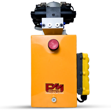 Primary Mover 12V Dual Double-Acting Hydraulic Power Unit in steel, featuring compact design for dump trailers and trucks, enabling four hydraulic actions simultaneously. Used for any truck or trailer application. 1/2 ton truck dump bed kit.