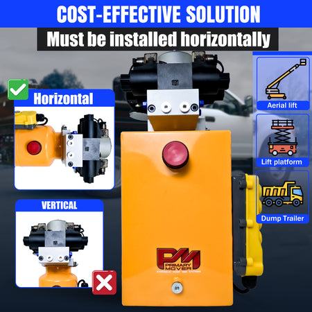 Primary Mover 12V Dual Double-Acting Hydraulic Power Unit: Compact, powerful solution for dump trailers and trucks, enabling four hydraulic actions simultaneously. Used for any truck or trailer application. 1/2 ton truck dump bed kit.