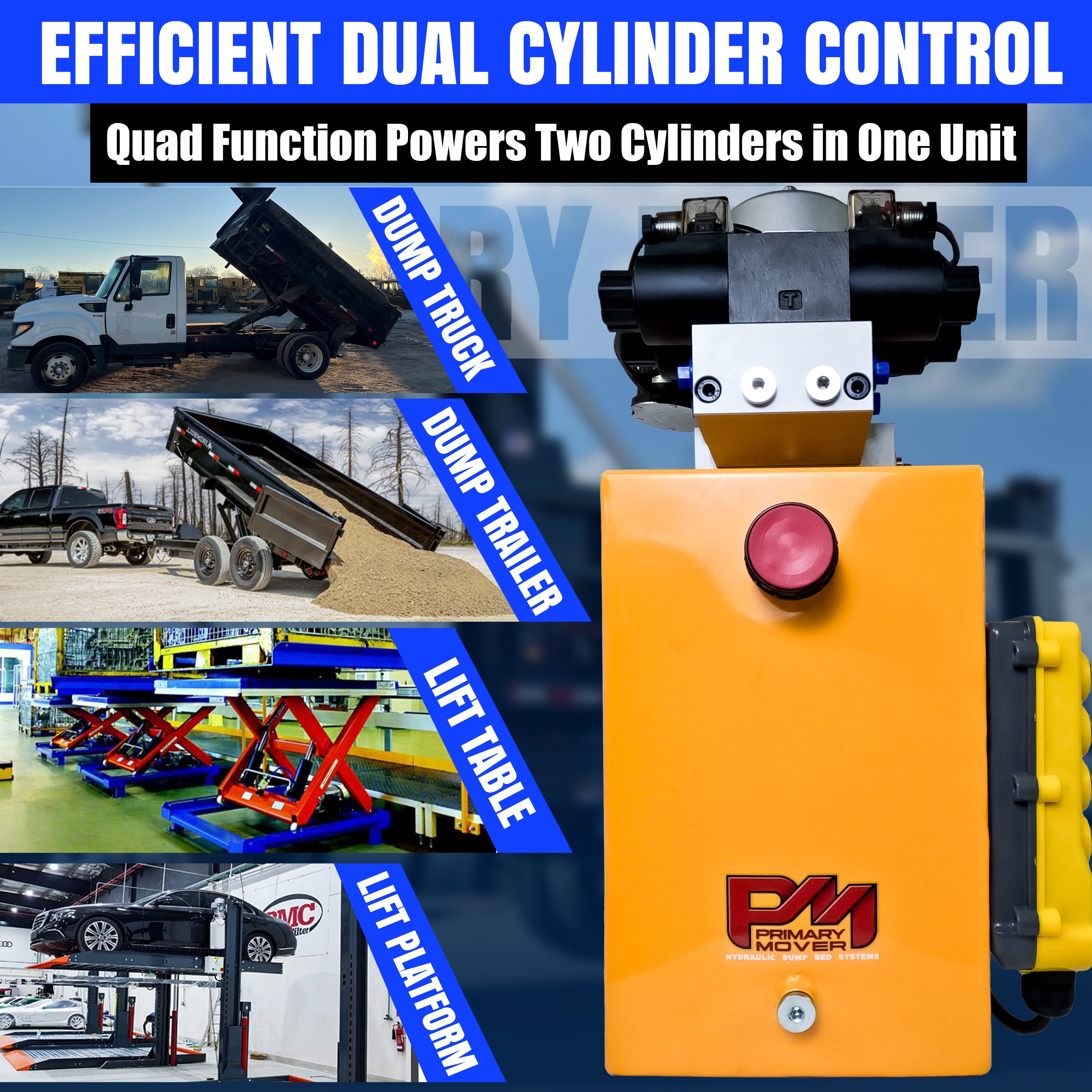 Primary Mover 12V Dual Double-Acting Hydraulic Power Unit: Compact, robust steel construction for dump trailers and trucks, enabling four hydraulic actions simultaneously. Used for any truck or trailer application. 1/2 ton truck dump bed kit.