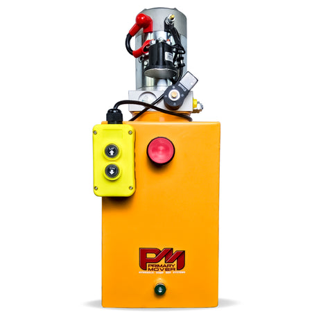 A yellow hydraulic power unit with a round cylinder and a red button, ideal for dump bed systems. Single-acting, high flow, and corrosion-resistant, tailored for efficiency and reliability in various applications.