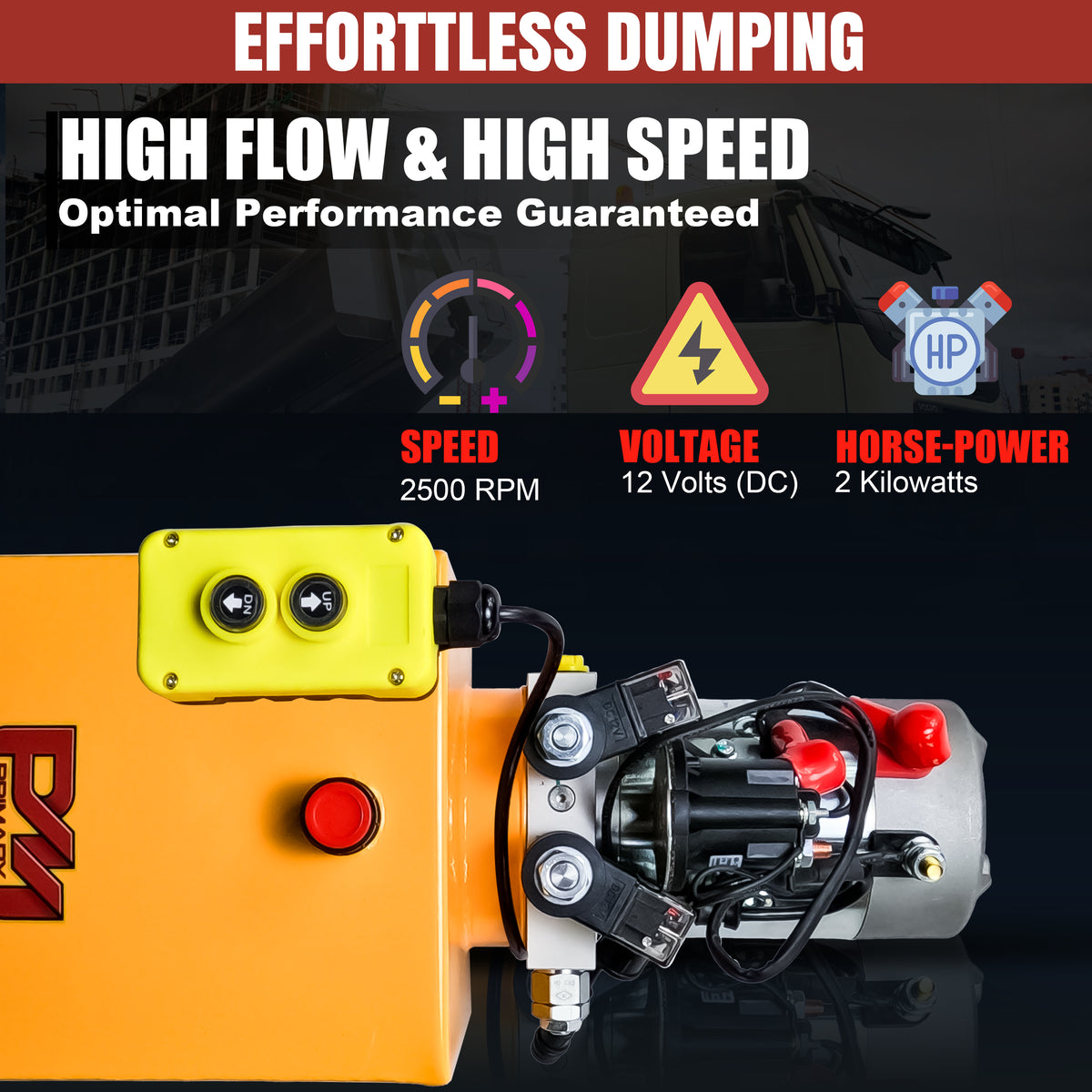 Primary Mover Double Acting 12VDC Hydraulic Power Unit with Steel Reservoirs, featuring dual-acting precision, tailored for dump bed systems, and crafted for durability and value.