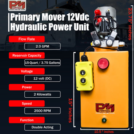 Primary Mover Double Acting 12VDC Hydraulic Power Unit with steel reservoirs, dual-acting precision, tailored for dump bed systems, and quality craftsmanship for industrial and commercial applications.