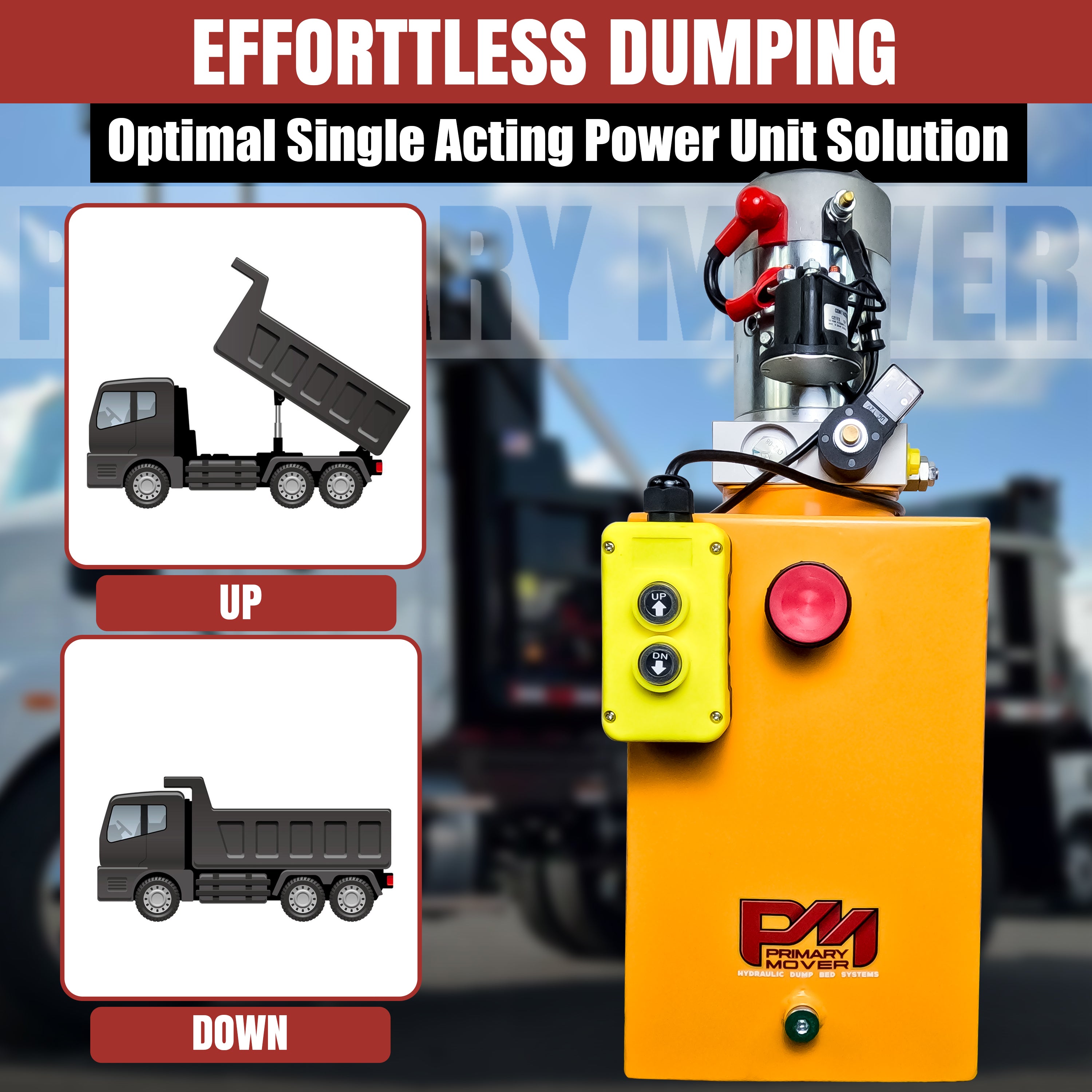 Primary Mover 12V Single-Acting Hydraulic Pump with Steel Reservoir, designed for efficient dump bed systems. Features single-acting pump, 3200 PSI max relief setting, 2.5 GPM flow, and 4-quart reservoir.