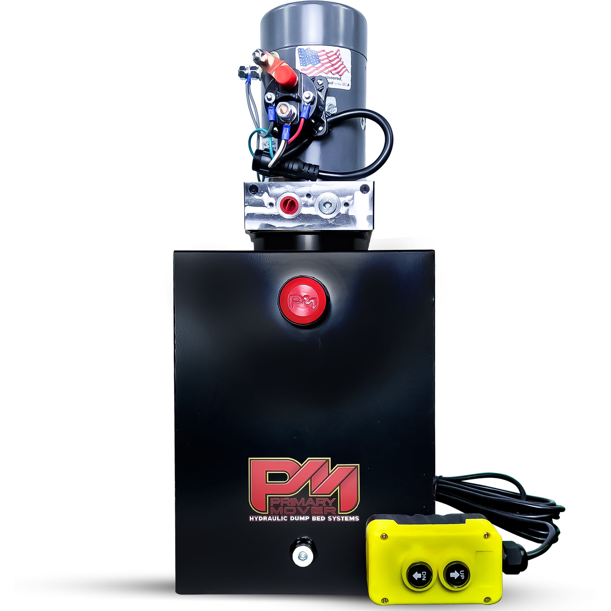 KTI 12V Single-Acting Hydraulic Pump - Steel Reservoir, featuring a compact design and single-acting power for efficient hydraulic dump bed performance. Includes a red activation button.