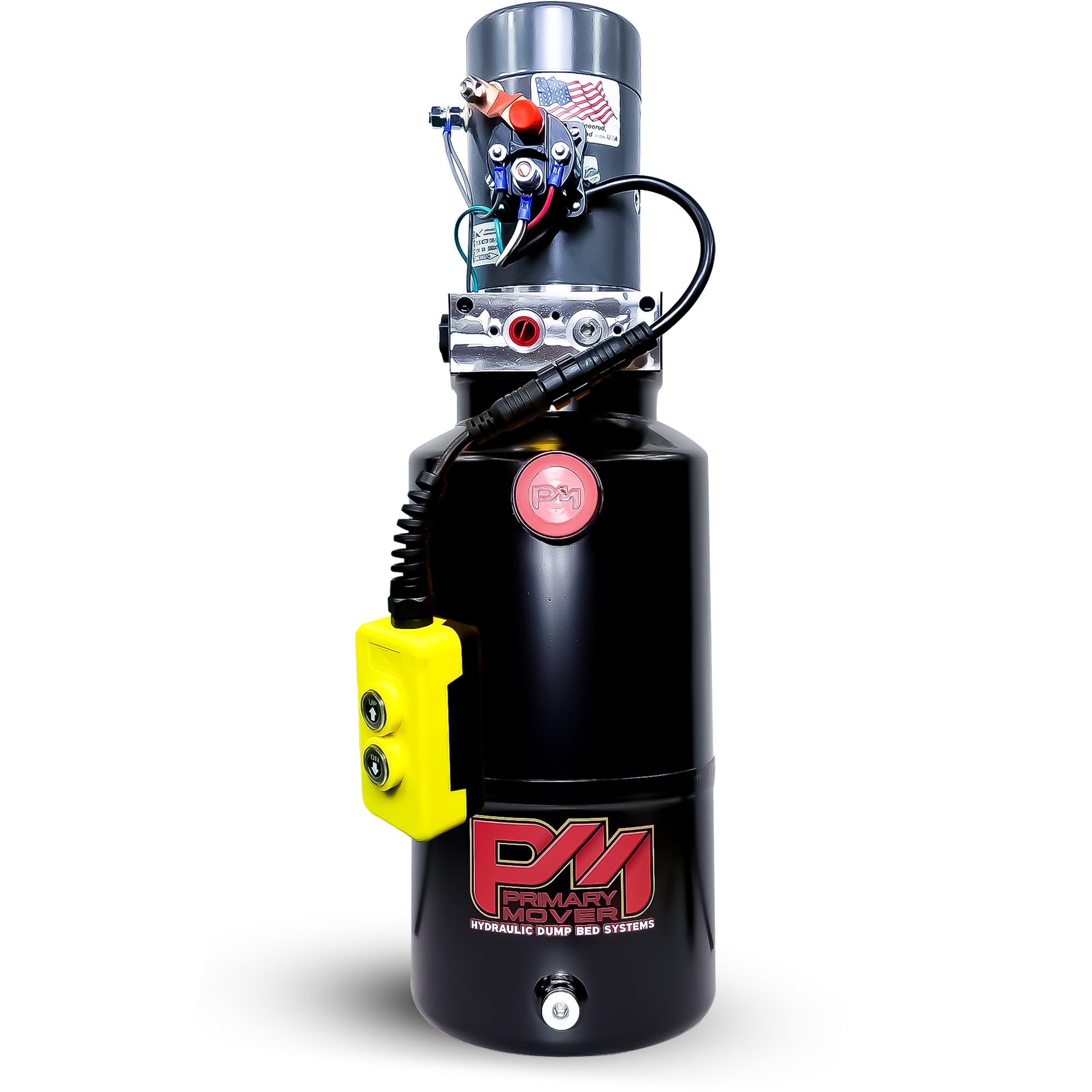 KTI 12V Single-Acting Hydraulic Pump with Steel Reservoir, designed for efficient dump bed systems, showcasing compact design and durable construction for reliable hydraulic performance.