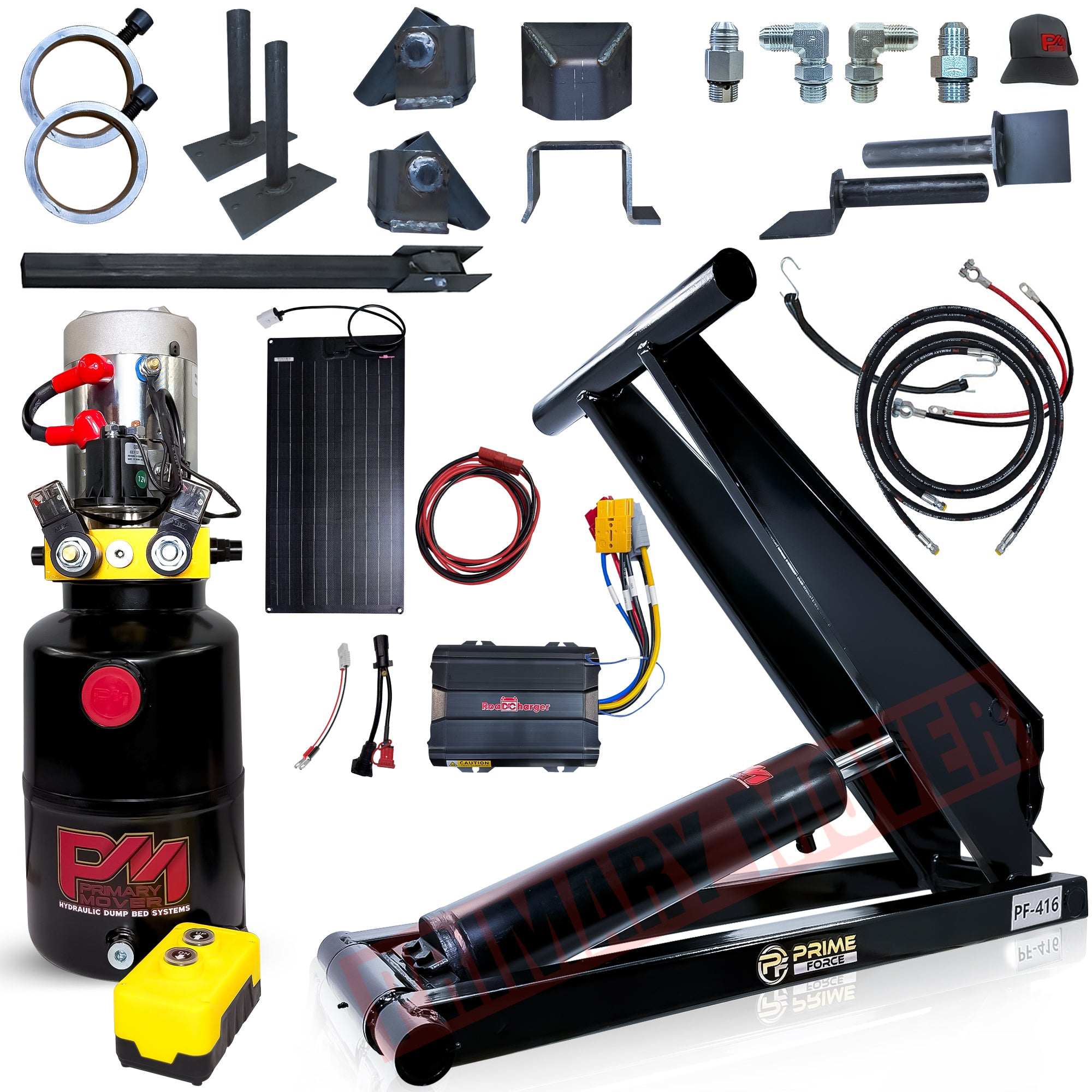 6 Ton Hydraulic Scissor Hoist Kit - Fits 10-14' Dump Body PF-416

Complete kit for converting trailers into hydraulic dump systems, includes hoist, power unit, battery pack, and solar panel.