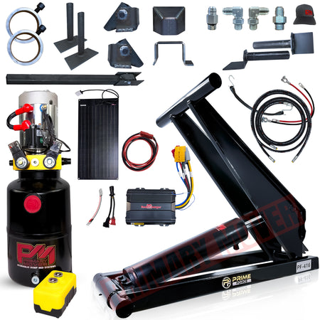 6 Ton Hydraulic Scissor Hoist Kit - Fits 10-14' Dump Body PF-416

Complete kit for converting trailers into hydraulic dump systems, includes hoist, power unit, battery pack, and solar panel.