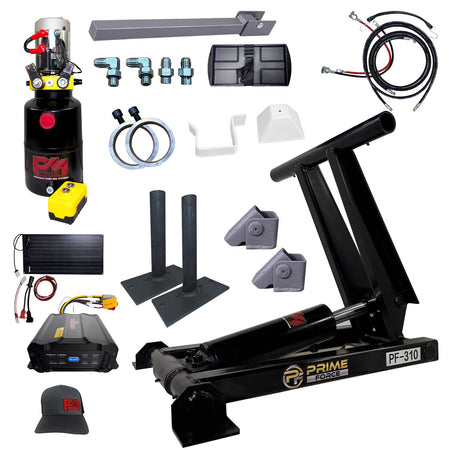 Hydraulic dump bed system kit featuring a pump, lift cylinder, battery charger, solar panel, wiring, hoses, and mounting hardware.