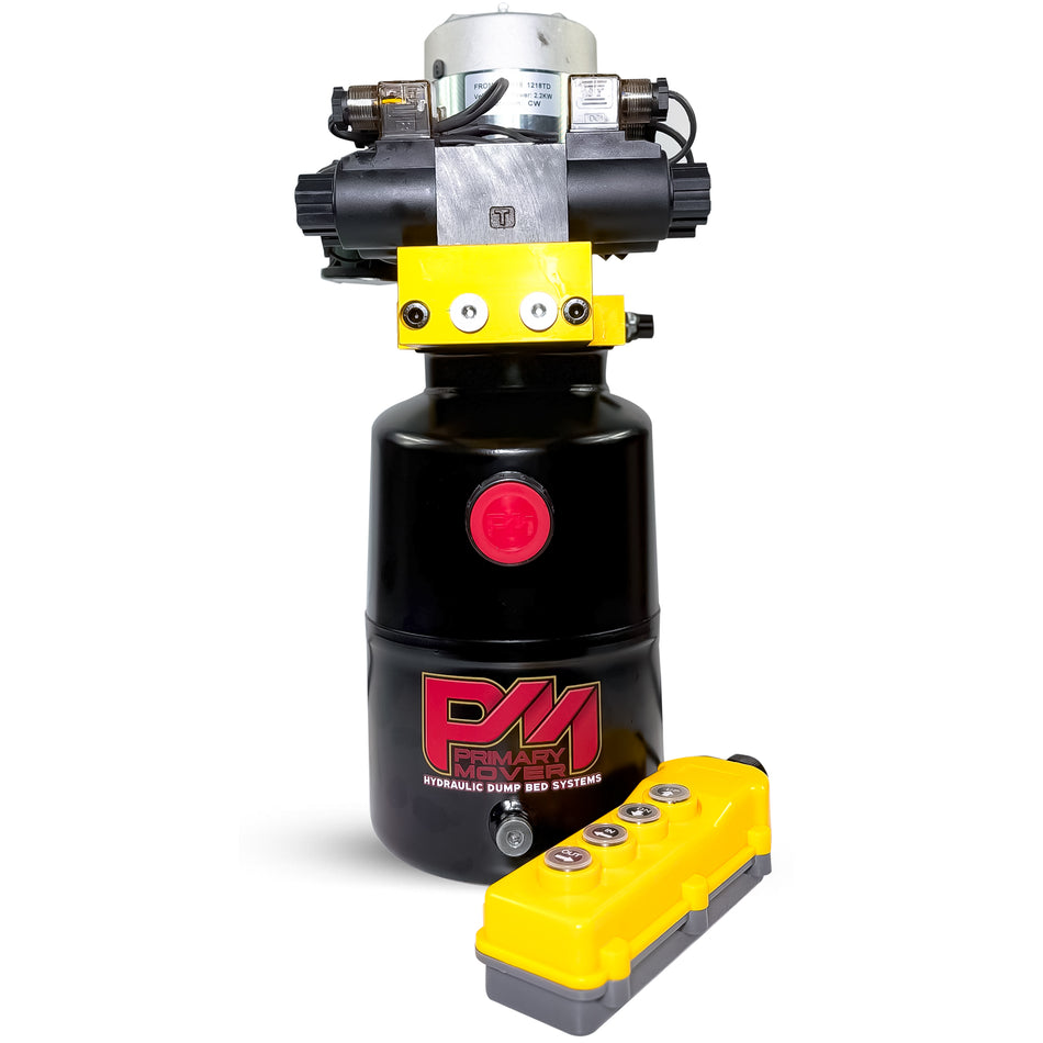 Primary Mover 12V Dual Double-Acting Hydraulic Dump Trailer Pump (Steel) for versatile hydraulic operations in compact spaces, suitable for dump trailers and trucks.