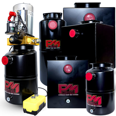 Primary Mover 12V Single-Acting Hydraulic Power Unit with steel tank and red buttons, designed for efficient hydraulic performance in heavy-duty applications.