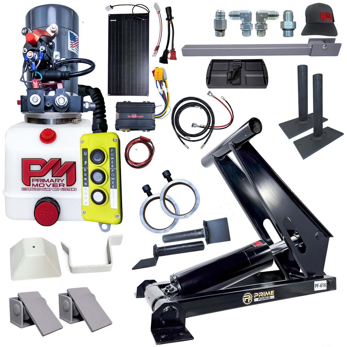 Primary Mover hydraulic dump bed kit with pump, cylinder, remote, wiring, mounting hardware, and accessories.