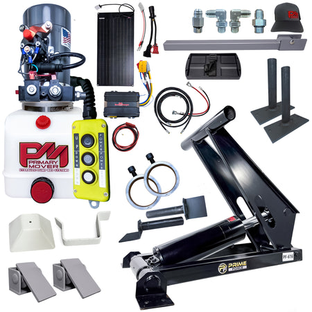 Primary Mover hydraulic dump bed kit with pump, cylinder, remote, wiring, mounting hardware, and accessories.