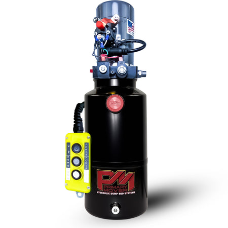 KTI 12V Double-Acting Hydraulic Pump - Steel Reservoir shown with a compact design, emphasizing robust construction for efficient lifting in hydraulic dump systems.