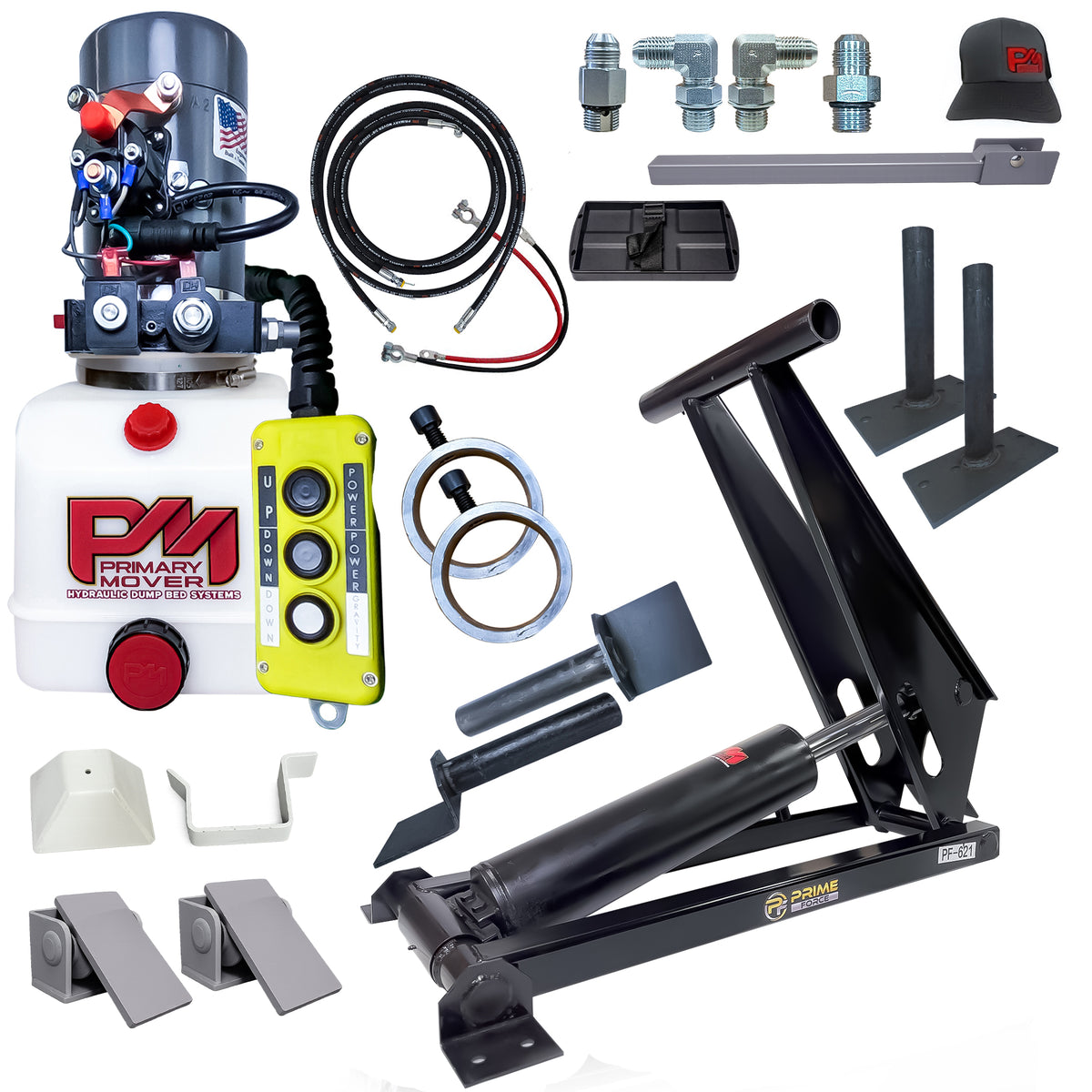 A hydraulic dump bed kit featuring a power unit, cylinder, hoses, mounting brackets, remote control, and hardware.