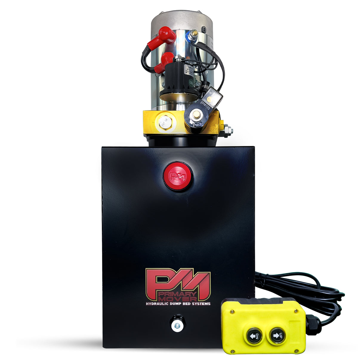 Primary Mover 12V Single-Acting Hydraulic Pump with steel reservoir, featuring a silver cylinder and red buttons, designed for efficient hydraulic control in heavy-duty applications.