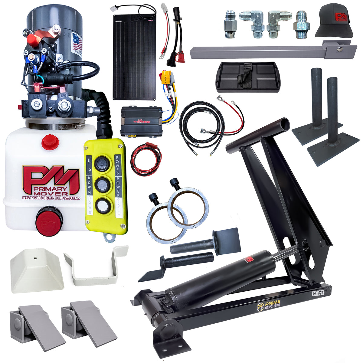 Hydraulic dump bed kit featuring a reservoir pump, cylinder, remote control, and mounting hardware.
