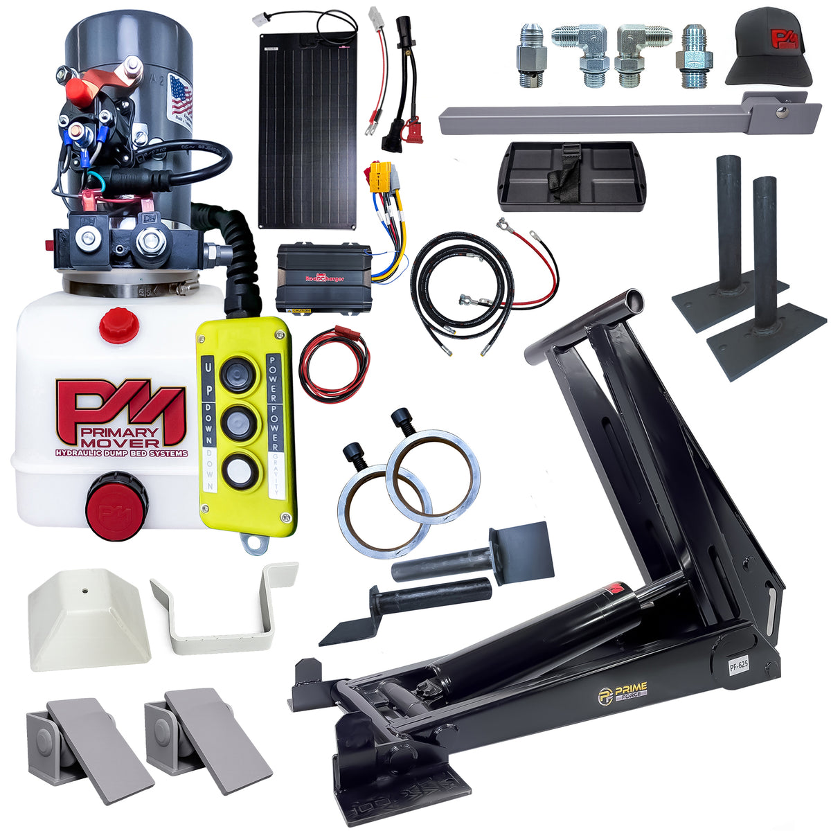 Hydraulic dump bed kit with a power unit, remote control, solar panel, battery charger, metal brackets, and a hydraulic cylinder.