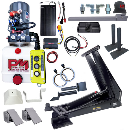 Hydraulic dump bed system kit featuring a motor, reservoir, cylinder lift, remote control, and installation hardware.