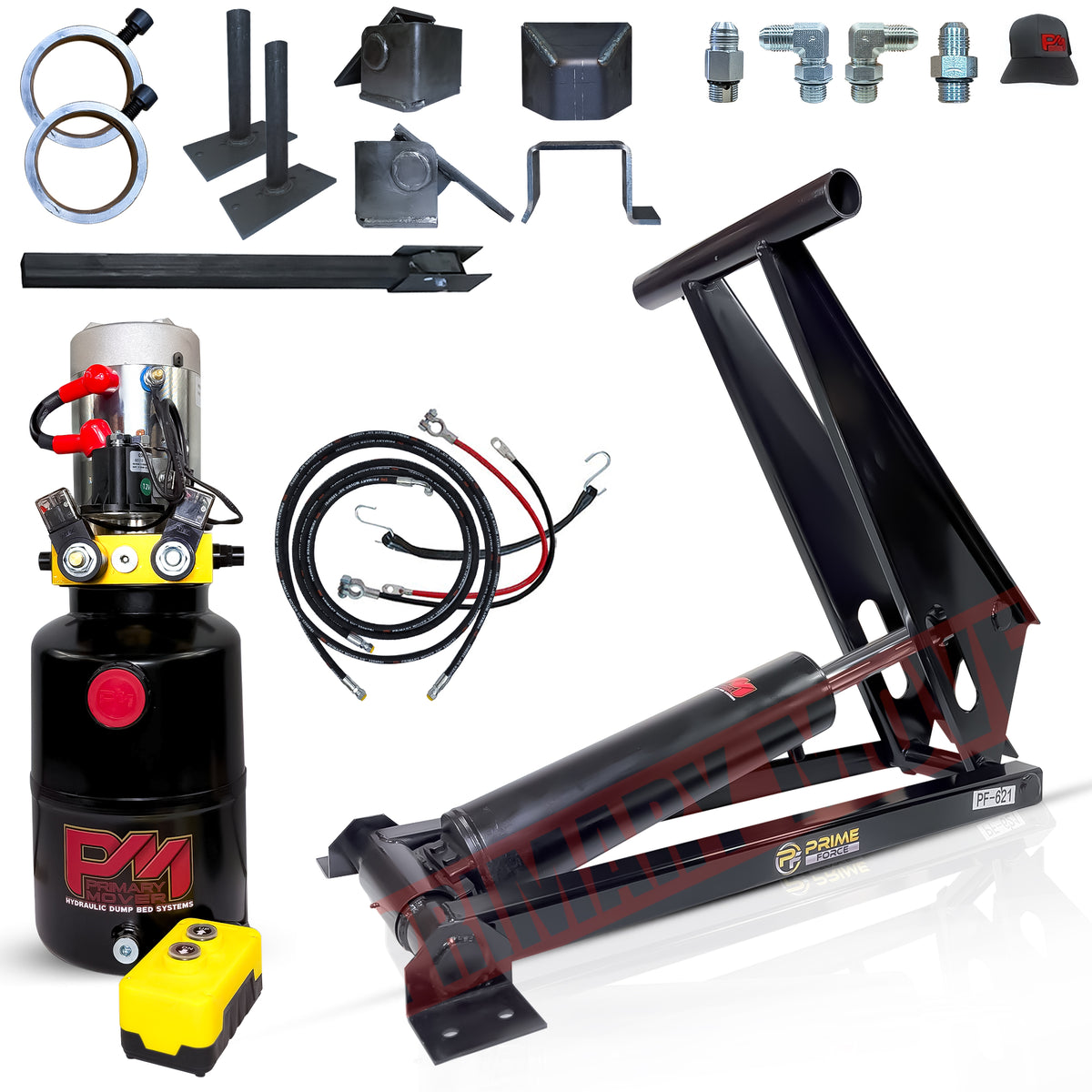 12 Ton Hydraulic Scissor Hoist Kit PF-621-6 components laid out, featuring a power unit, hydraulic cylinder, hoses, fittings, mounting brackets, and control switch.