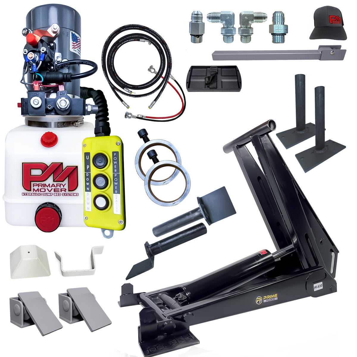 A hydraulic dump bed kit featuring a power unit, remote control, hydraulic cylinder, mounting brackets, hoses, and fittings.