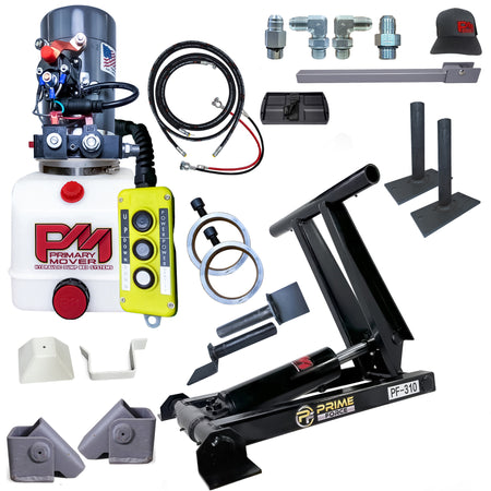 Primary Mover PF-310 3-Ton Scissor Hoist Kit—pump, hoses, remote, and more for easy 8–10′ dump truck/trailer installation.