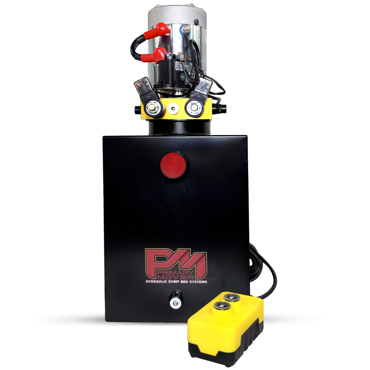 Primary Mover 12V Double-Acting Hydraulic Pump with steel reservoir, featuring a compact design, control buttons, and visible logo, ideal for hydraulic dump bed systems.