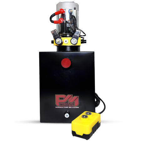 Primary Mover 12V Double-Acting Hydraulic Pump with steel reservoir, featuring a compact design, control buttons, and visible logo, ideal for hydraulic dump bed systems.
