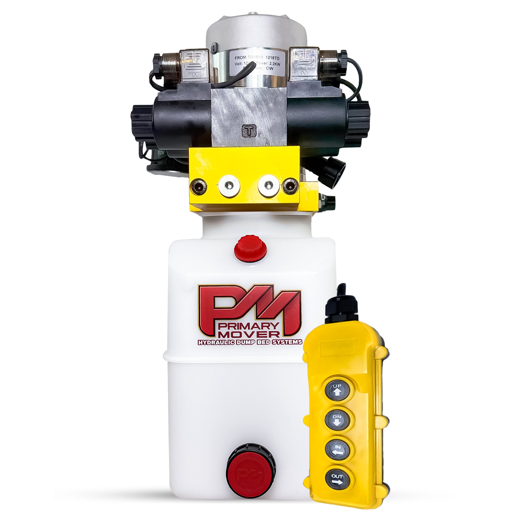 Primary Mover 12V Dual Double-Acting Hydraulic Dump Trailer Pump, compact design, suitable for dump trailers/trucks, showcasing dual double configuration for efficient hydraulic actions.
