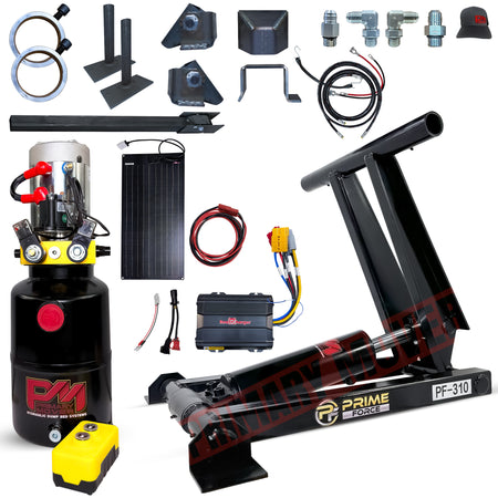 3 Ton Hydraulic Scissor Hoist Kit - PF-310: Complete kit with hydraulic cylinder, power unit, remote, wiring, solar panel, and mounting brackets for small dump trailers.