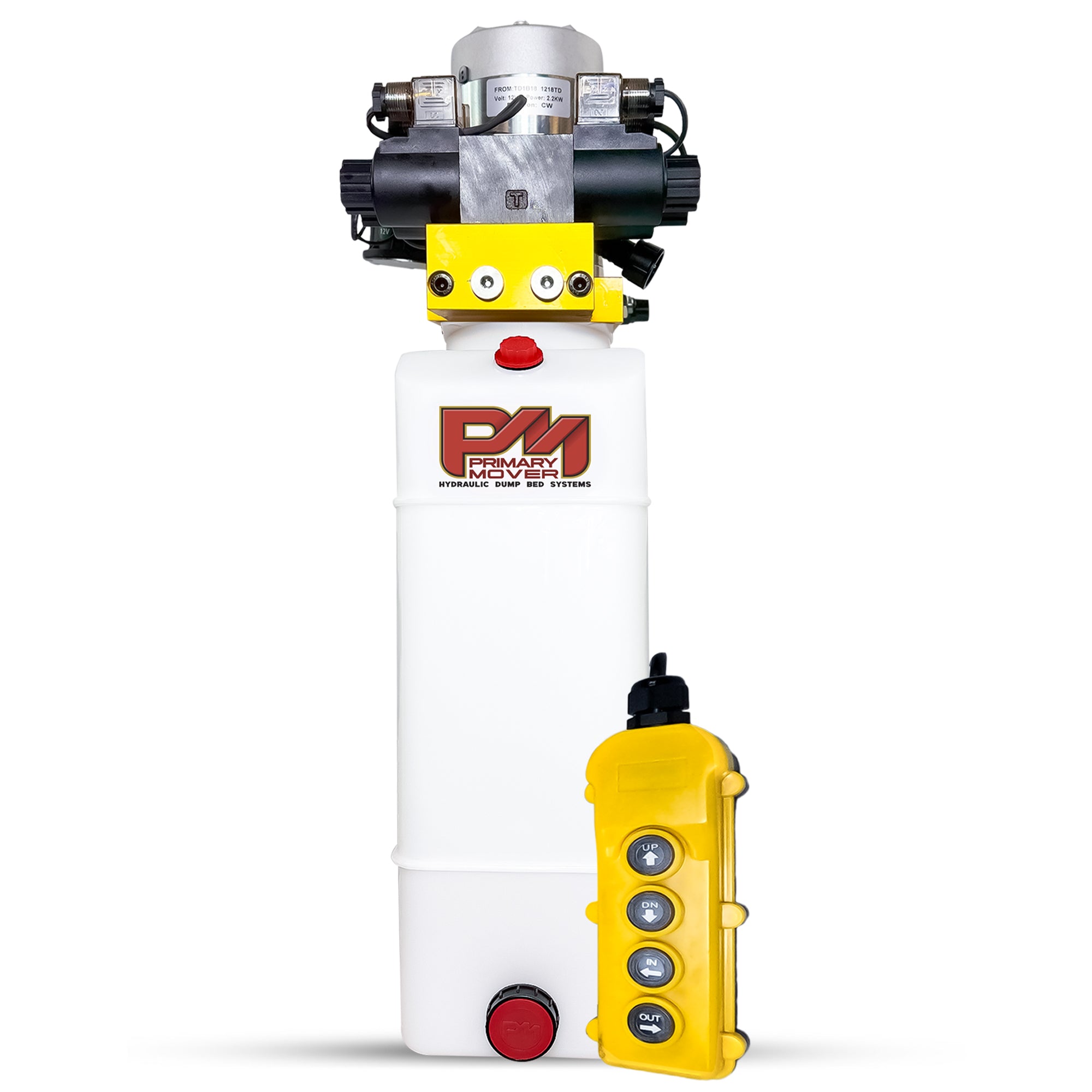 Primary Mover 12V Dual Double-Acting Hydraulic Dump Trailer Pump (Poly) shown compactly built for efficient hydraulic operations on dump trailers and trucks, emphasizing its dual double configuration.