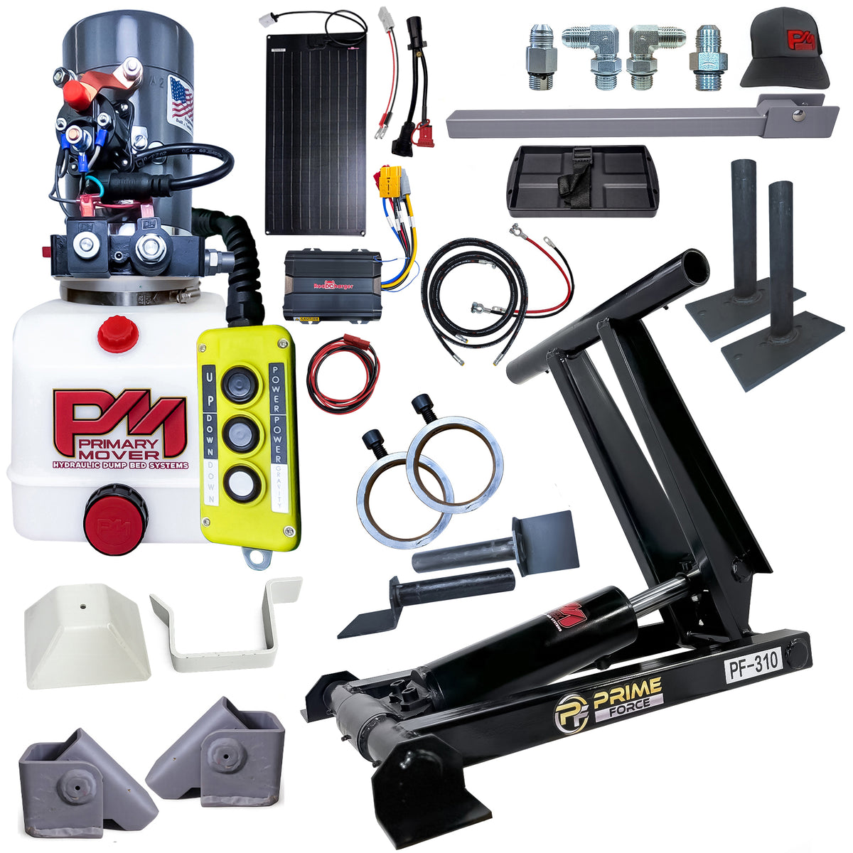 Primary Mover PF-310 3-Ton Scissor Hoist Kit with pump, cables, arms & hardware for 8–10′ dump trucks/trailers on white background.