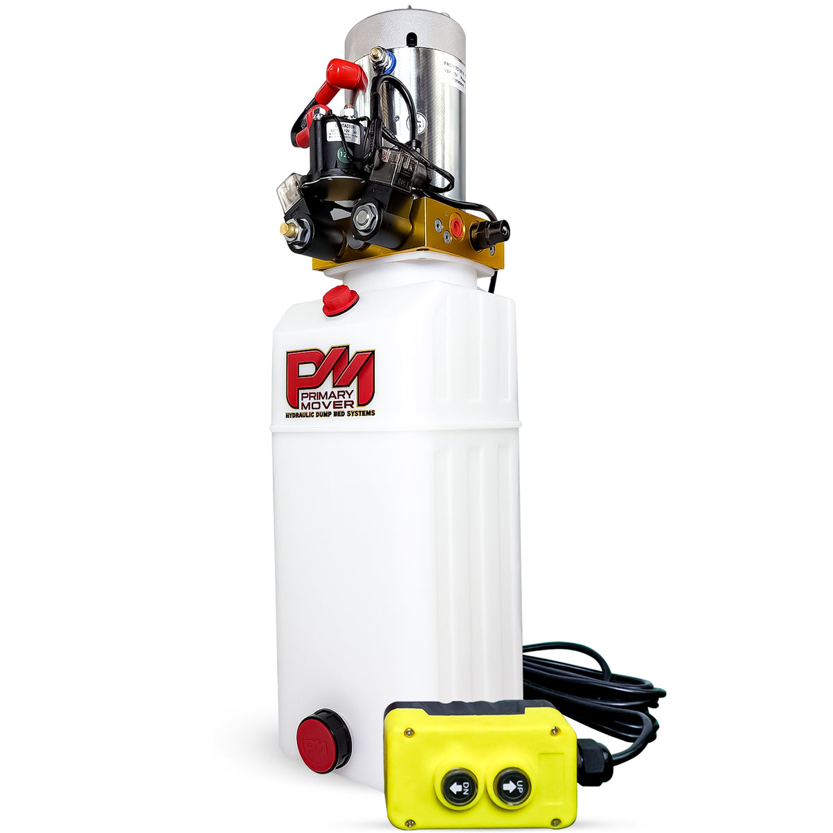 Primary Mover 12V Double-Acting Hydraulic Pump with poly reservoir, featuring a white cylinder, red knob, black cable, and yellow cap for hydraulic systems.