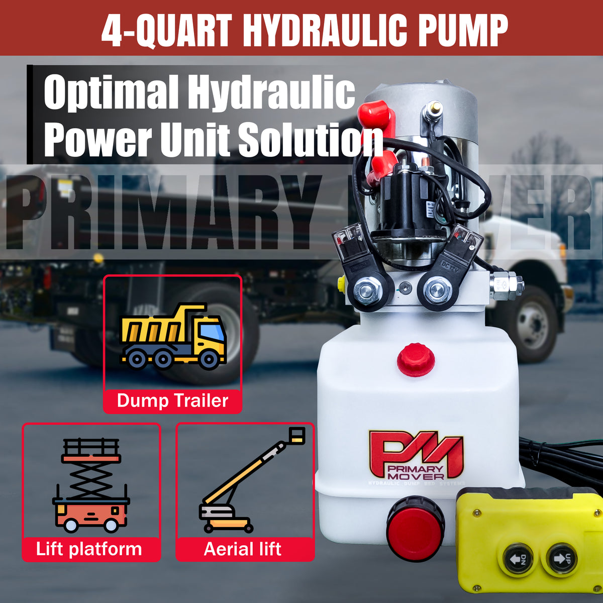 Primary Mover 12V Double-Acting Hydraulic Pump - Precision-crafted for hydraulic dump bed systems. Dual-acting functionality, quality craftsmanship, and cost-effective reliability. Elevate your operations effortlessly.