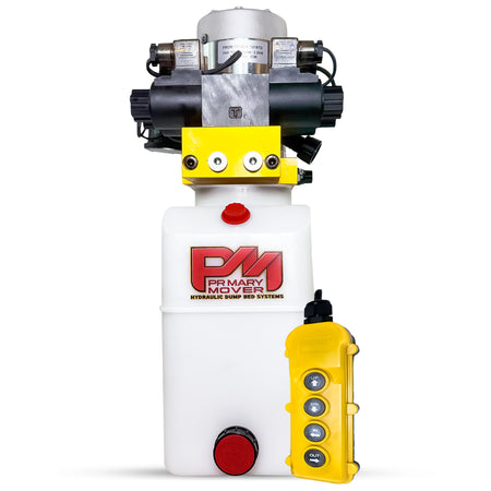 Primary Mover 12V Dual Double-Acting Hydraulic Dump Trailer Pump: Compact unit for efficient hydraulic operations in dump trailers and trucks, featuring dual double configuration for versatile power.