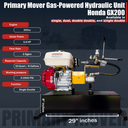 Primary Mover Double-Acting Gasoline Powered Hydraulic Pump | PF-GPU-5G: Infographic of Honda GX200 engine with hydraulic flow, reservoir capacity, and control function details.