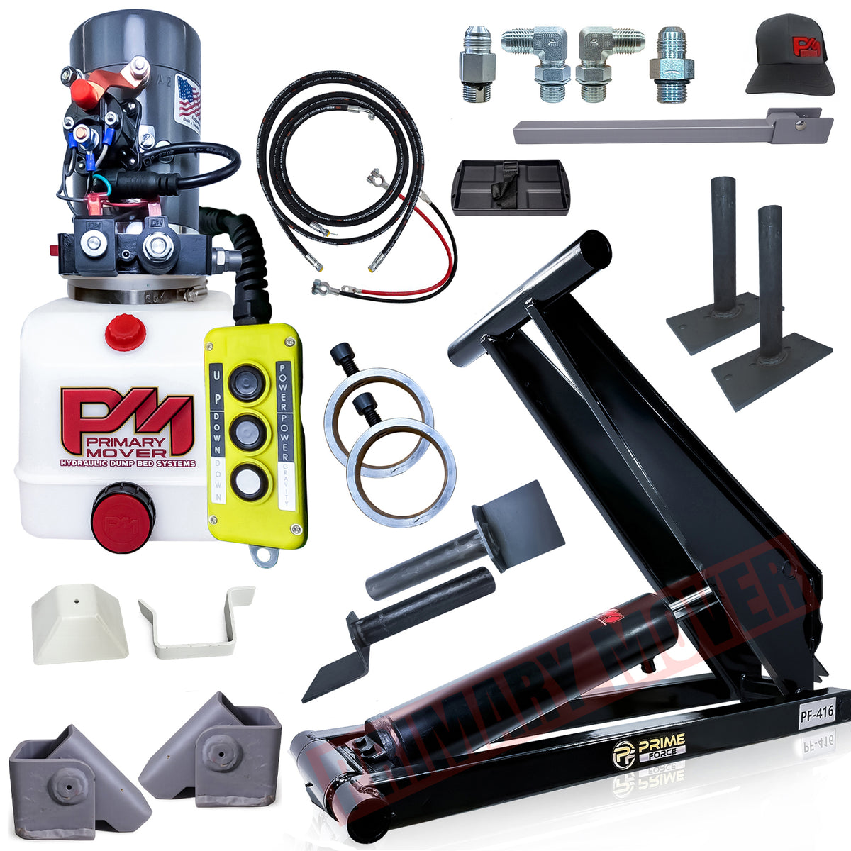 Primary Mover 6 Ton Hydraulic Scissor Hoist Kit PF-416 for 10-14′ dump bodies, with pump, control panel, hoses & hardware on white background.