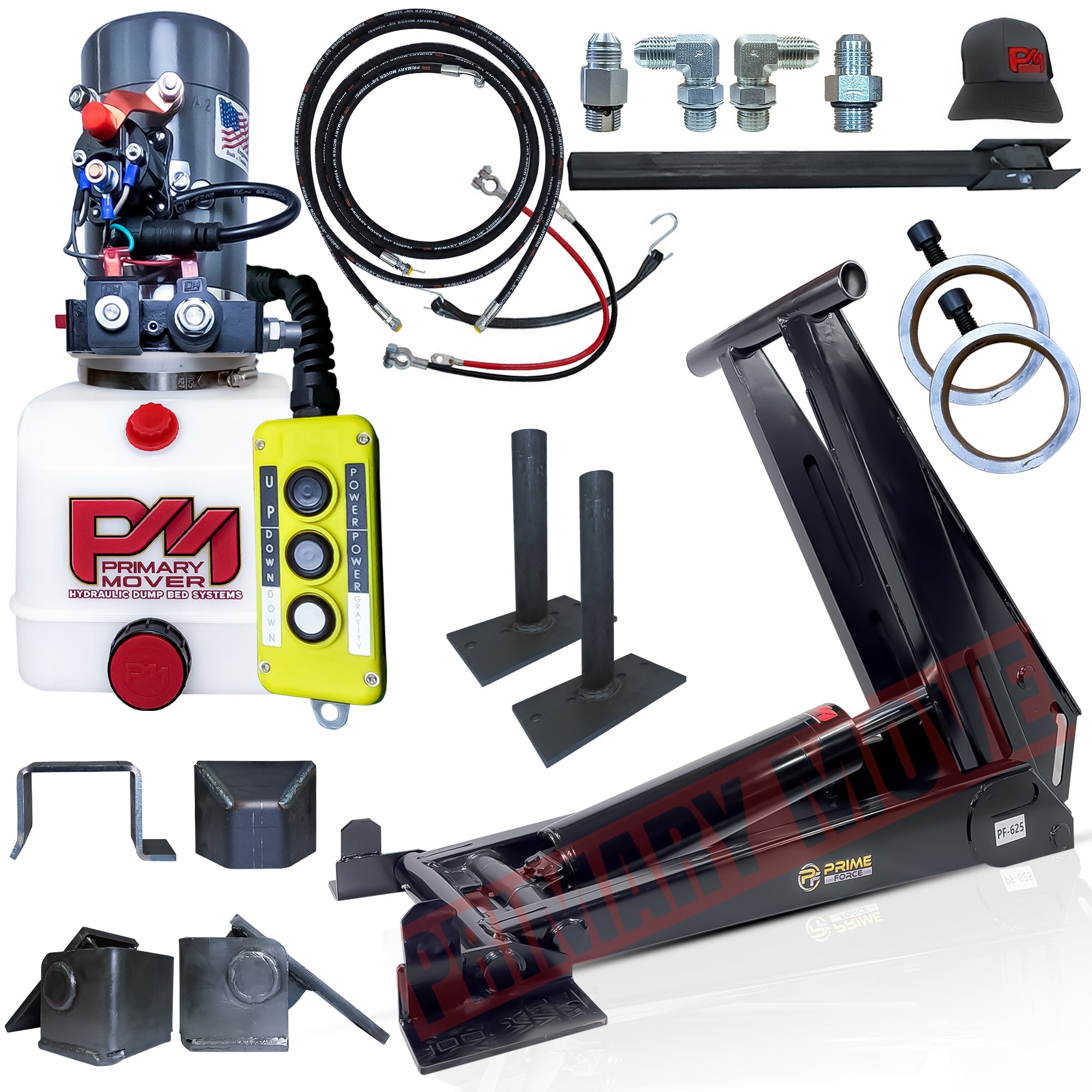 12 Ton HD Hydraulic Scissor Hoist Kit - PF-625, featuring a durable cylinder, red knobs on a white container, and reinforced components for heavy dump trailers.