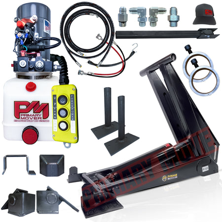 12 Ton HD Hydraulic Scissor Hoist Kit - PF-625, featuring a durable cylinder, red knobs on a white container, and reinforced components for heavy dump trailers.