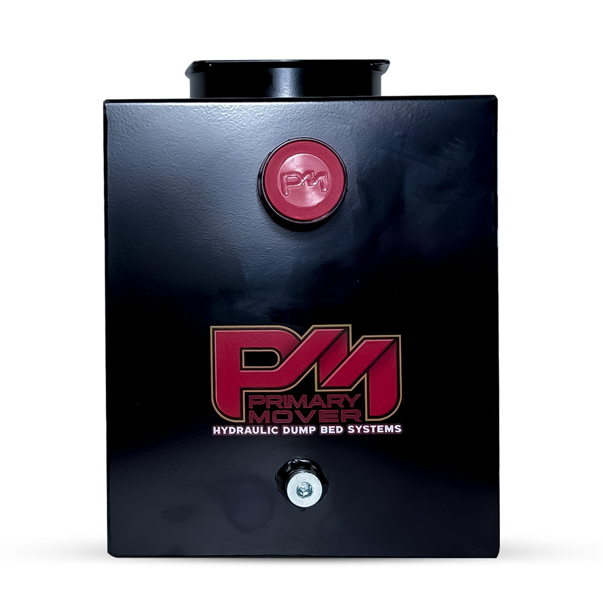 Close-up of Hydraulic Power Unit Replacement Reservoir 10 Quart Steel, featuring a detailed logo, screw, and black box with red text, highlighting robust design for versatile hydraulic applications.