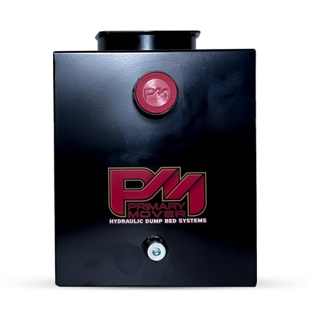 Close-up of Hydraulic Power Unit Replacement Reservoir 10 Quart Steel, featuring a detailed logo, screw, and black box with red text, highlighting robust design for versatile hydraulic applications.