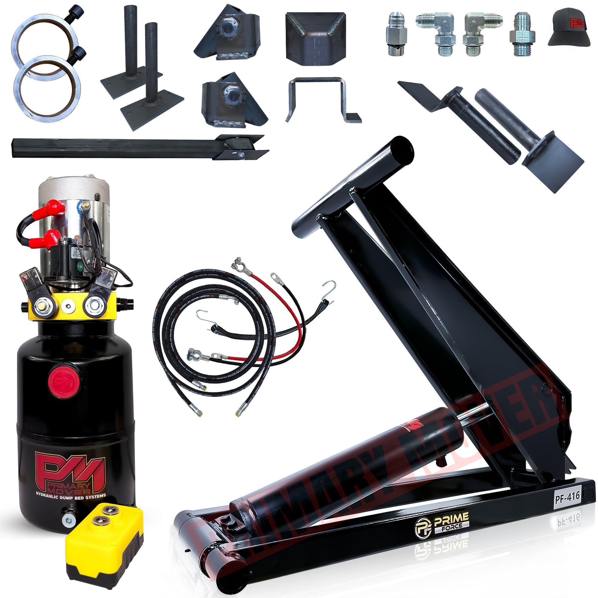 6 Ton Hydraulic Scissor Hoist Kit - Fits 10-14' Dump Body PF-416

Image shows a complete hydraulic dump-bed kit, featuring a hydraulic power unit, remote, hoses, cylinder, mounting brackets, and fittings for truck bed installation.