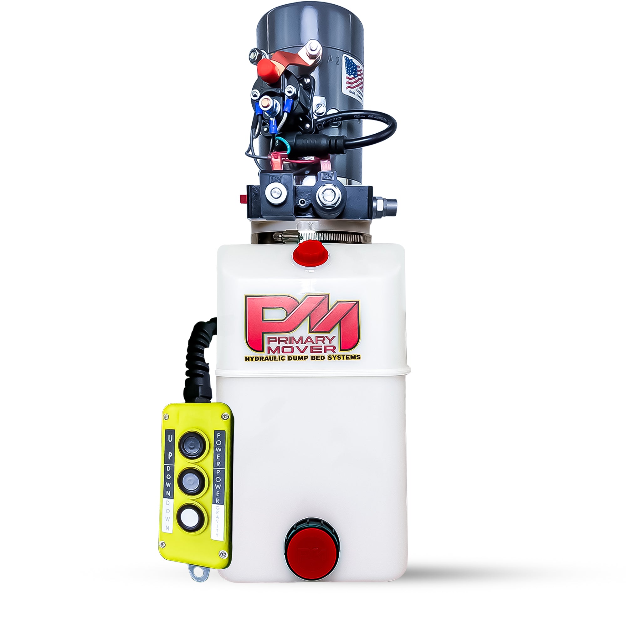 KTI 12V Double-Acting Hydraulic Pump - Poly Reservoir: Compact unit with motor, pump, valves, and pendant for controlling dump bed lift, includes American flag sticker.