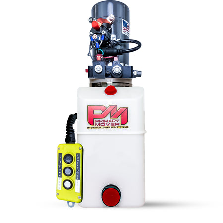 KTI 12V Double-Acting Hydraulic Pump - Poly Reservoir: Compact unit with motor, pump, valves, and pendant for controlling dump bed lift, includes American flag sticker.