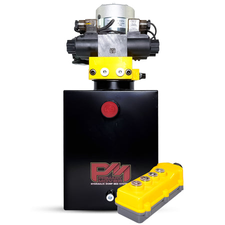 Primary Mover 12V Dual Double-Acting Hydraulic Dump Trailer Pump, compact design, engineered for dump trailers, enabling simultaneous operation of four hydraulic actions efficiently.