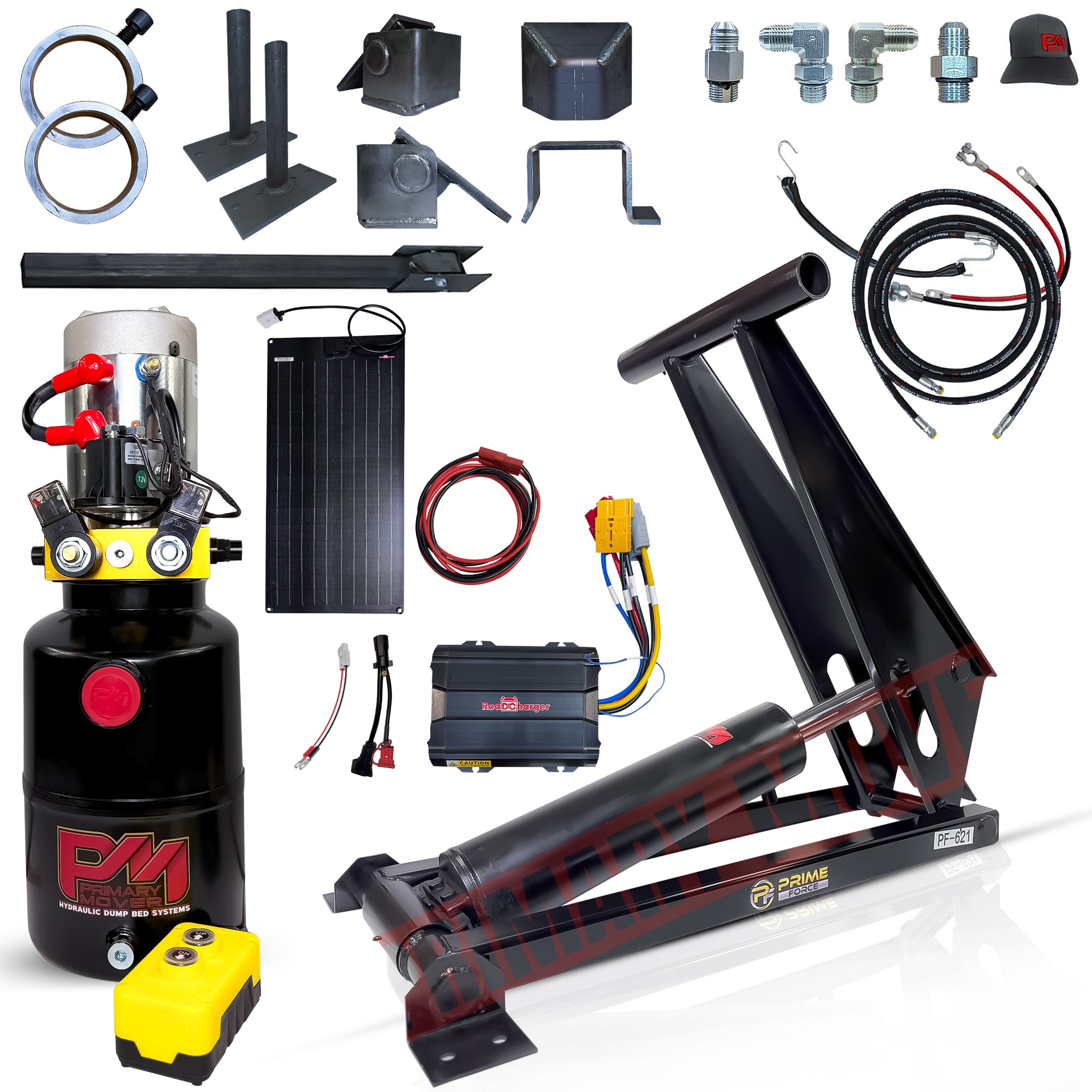 12 Ton Hydraulic Scissor Hoist Kit - Fits 16-18' Dump Body PF-621-6

Complete hydraulic dump-bed lift kit with cylinder, power unit, hoses, mounting hardware, remote switch, and chargers for 16-18' dump trailers.

Enhance your trailer's performance with this powerful hydraulic lift kit, featuring durable components for reliable heavy-duty use and flexible installation.
