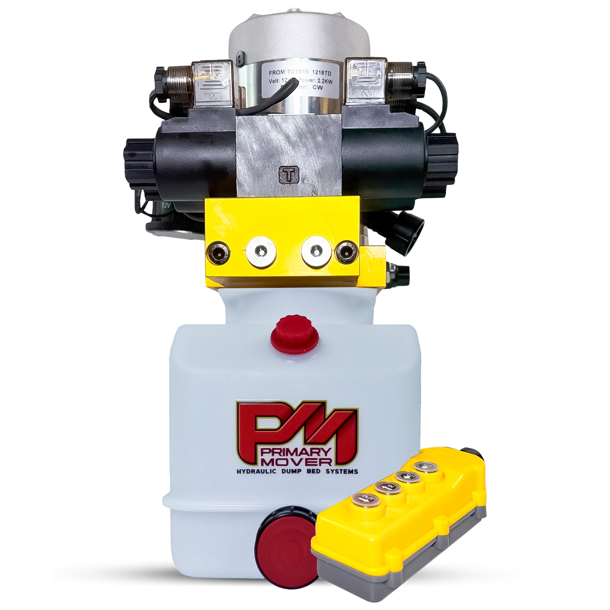 Primary Mover 12V Dual Double-Acting Hydraulic Dump Trailer Pump (Poly) for efficient dual-action hydraulic operations in compact machinery, ideal for dump trailers and trucks.
